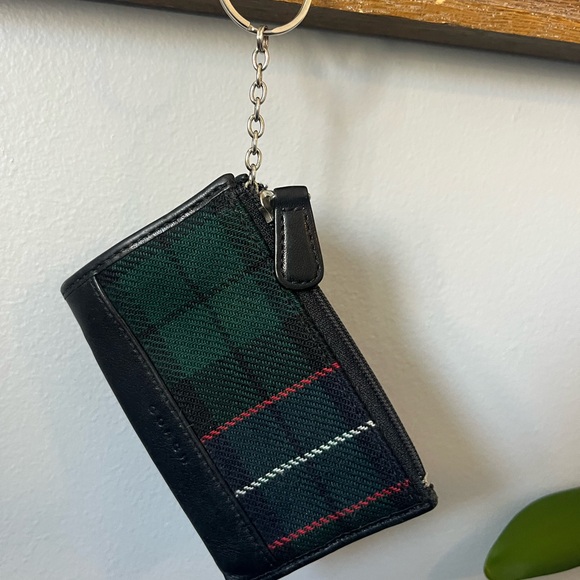 Coach Handbags - Coach Skinny Mini Wool Tartan Plaid Zip Card Case Keychain Black Leather
